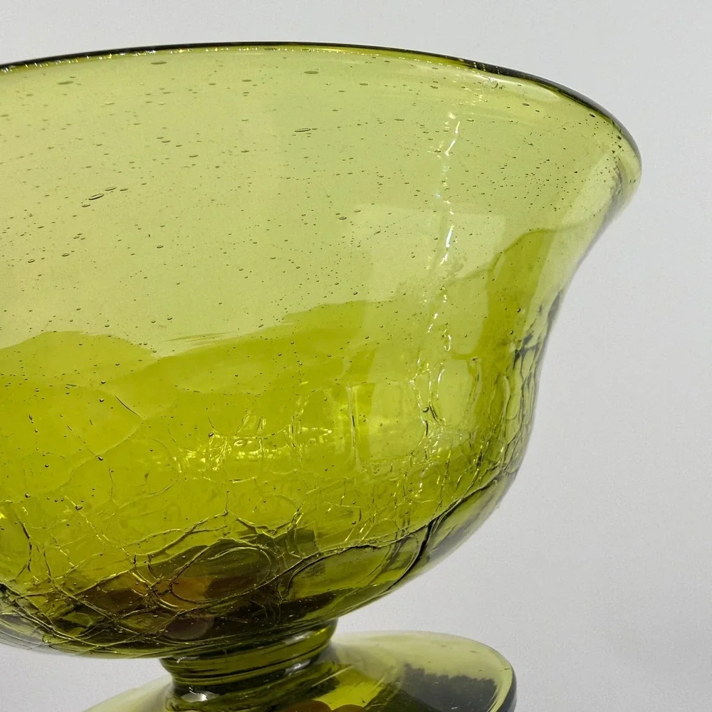 Blenko 931 Chartreuse Green Crackle Glass Footed Bowl Mid Century Modern MCM